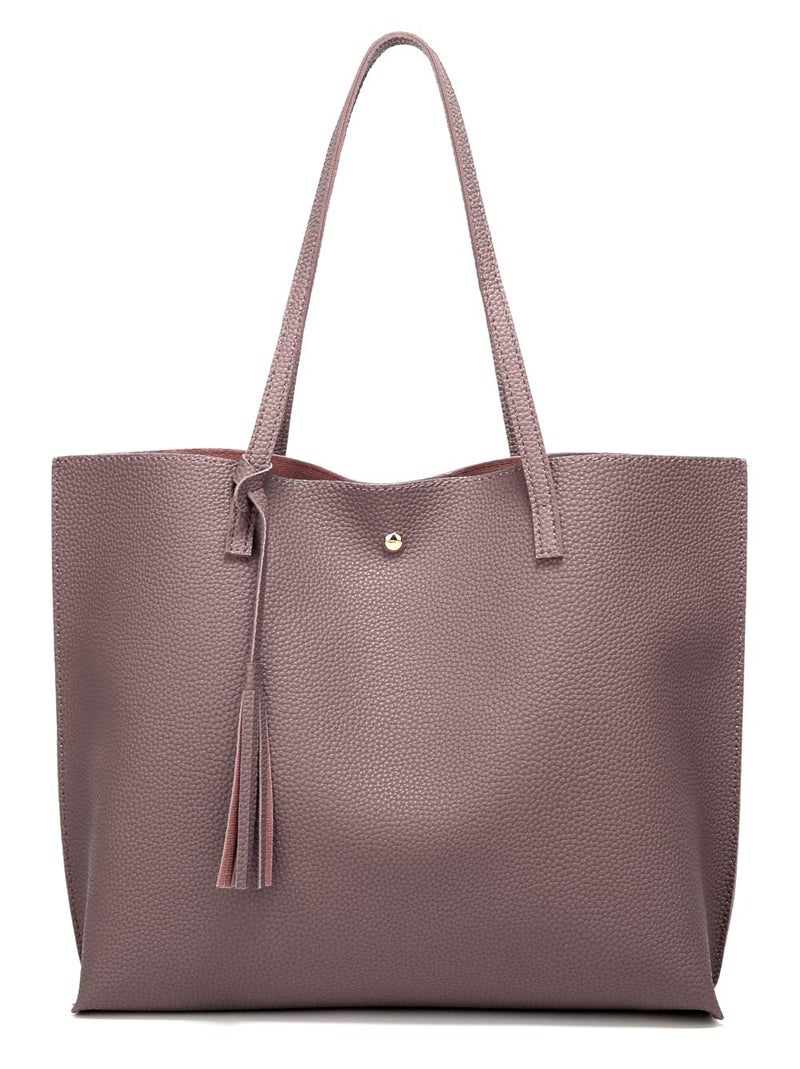 Dreubea Women's Soft Faux Leather Tote Shoulder Bag from, Big Capacity Tassel Handbag Dark Pink - Image 1